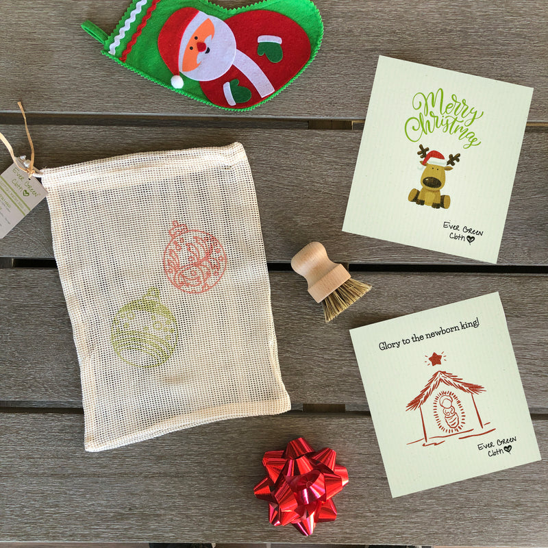 Christmas Bundle 1 - Baby Jesus - Christmas (2 Sponge Cloths, 1 Beech Wood Brush, 1 Cotton Mesh Bag)