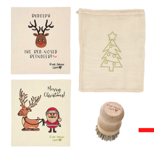 Ever Green Cloth - Christmas Bundle - Sponge Cloth - Beech Wood Brush - Cotton Mesh Bag